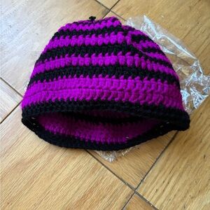 Hand Crafted Vibrant Black and Purple Crochet Beanie